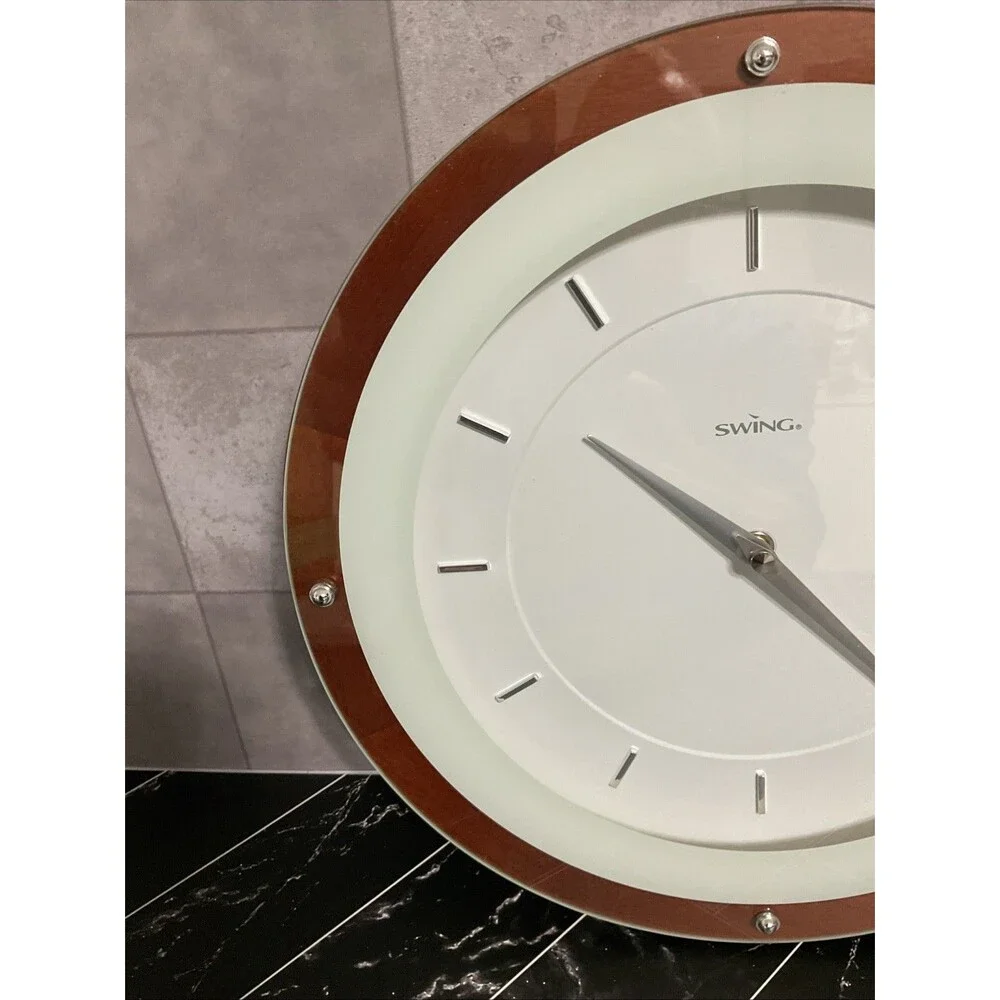 Swing Wall Clock Echo Walnut MCM Style Wood Frame.EUC